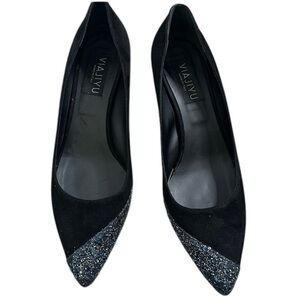 VIAJIYU  black leather suede wedges size 9